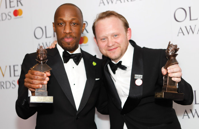 Michael Jibson (right) with Giles Terera at the 2018 Olivier Awards. Photo: Pamela Raith