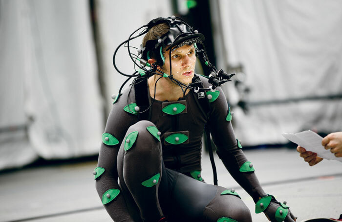 Mark Quartley rehearsing in Royal Shakespeare Company’s production of The Tempest in 2016, which used performance-capture technology. Photo: Gramafilm