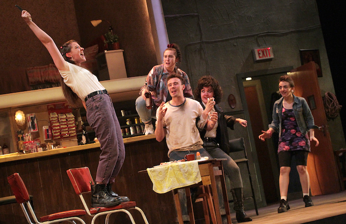 Megan McDonnell, Hazel Clifford, Michael Shea, Aoibhéann McCann, and Holly Hannaway in The Playboy of the Western World at Gaiety Theatre, Dublin. Photo: Mark Stedman