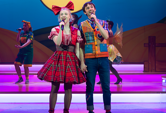 Jessica Jolleys and Peter Mooney in Jack and the Beanstalk the Rock 'n' Roll Pantomime at Theatr Clwyd. Photo: Brian Roberts