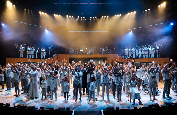 The cast of Pericles at the National Theatre, London, in 2018 – the production was part of the venue's Public Acts initiative, and involved more than 200 non-professional performers joining a small cast of professional actors. Photo: James Bellorini