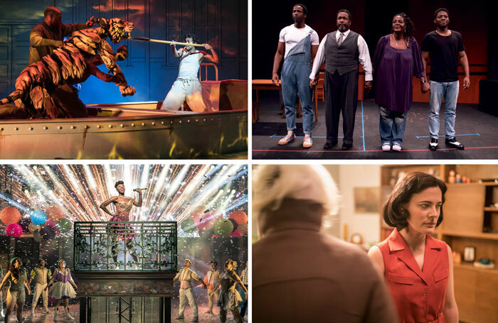 Clockwise from top left: Sheffield Theatres' Life of Pi, the cast of Death of a Salesman at the Young Vic scratch performance, Phoebe Fox in Anna at the National Theatre and Miriam-Teak Lee in & Juliet. Photos (except Death of Salesman): Johan Persson