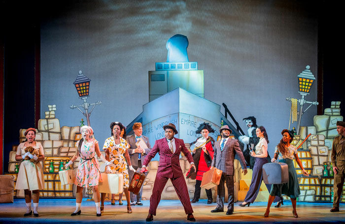 Tarinn Callender, centre, and the cast of Hackney Empire's Dick Whittington and His Cat. Photo: Robert Workman