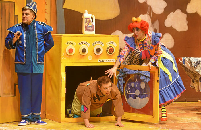 Charlie Guest, Chris Pizzey and Nic Gibney in Aladdin at Anvil Arts, Basingstoke. Photo: Sean Dillow