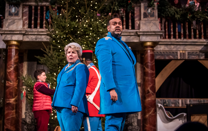 Sandi Toksvig and Tony Jayawardena in Christmas at the Snow Globe at Shakespeare's Globe. Photo: Tristram Kenton