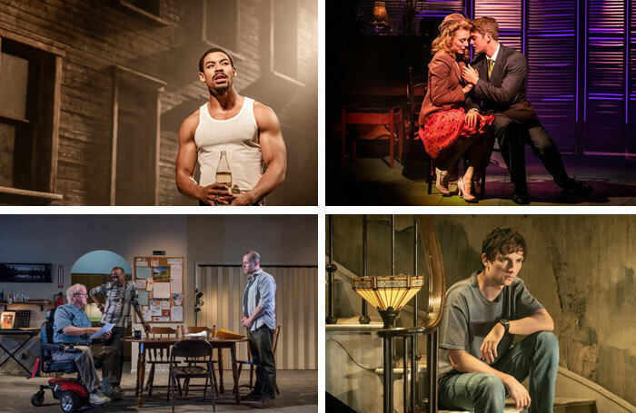 From top left: Aaron Pierre in King Hedley II at Theatre Royal Stratford East, London; Kelly Price and Felix Mosse in Aspects of Love at Southwark Playhouse, London; Charles Furness in Appropriate at London's Donmar Warehouse; the cast of Downstate at London's National Theatre. Photos: Richard Daven