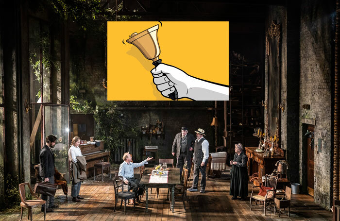 Cast of Uncle Vanya at the Harold Pinter Theatre, London (photo: Johan Persson), with artist's impression of the 'handbell moment' (credit: Shutterstock)