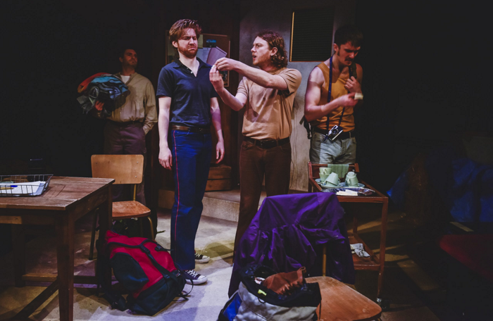 Russell Bentley, Ryan Whittle, Joe McArdle and Ronnie Yorke in Not Quite Jerusalem at Finborough Theatre, London. Photo: Kirsten McTernan