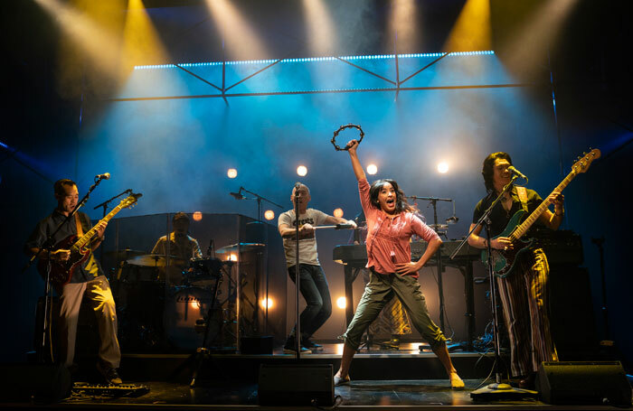 Joe Ngo, Abraham Kim, Francis Jue, Jane Lui, Courtney Reed and Moses Villarama in Cambodian Roack Band. Photo: Joan Marcus