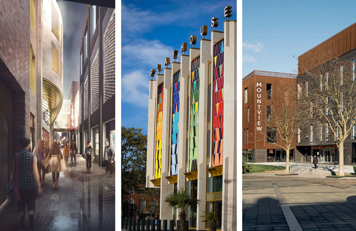 Left to right: Artist's impression of London's Boulevard Theatre (photo:  SODA Studio); Leeds Playhouse (photo: Heather Whiston); Mountview Academy (photo: Tim Crocker)