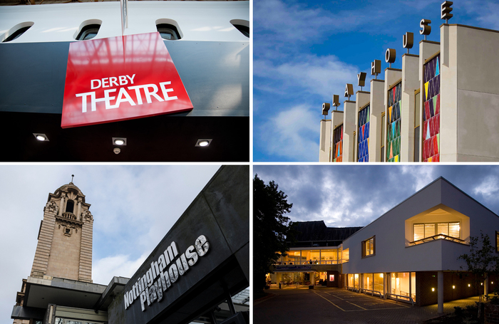 Clockwise from top left: Derby Theatre, Leeds Playhouse, Salisbury Playhouse, Nottingham Playhouse. Photos: Chris Seddon, Heather Whiston, Chris Zuidyk, Shutterstock