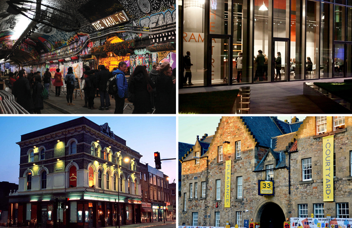 Clockwise from top left: the Vaults in London, New Diorama in London, the Pleasance in Edinburgh, Theatre503 in London. Photo: Shutterstock