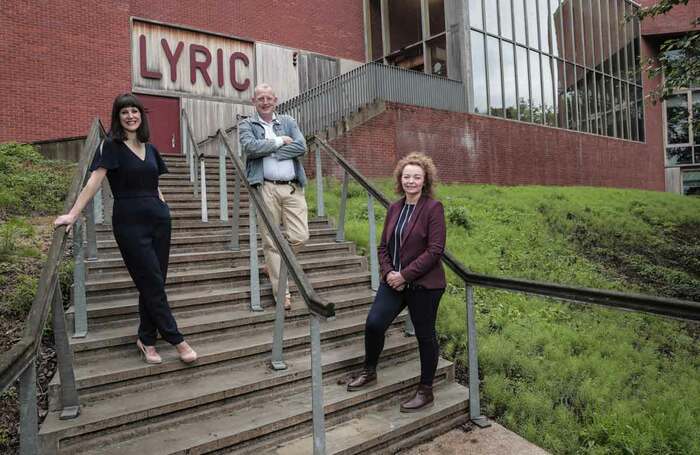 Communities minister Carál Ní Chuilín with the Lyric Theatre's Claire Murray and actor Sean Kearns. Photo: Brian Thompson