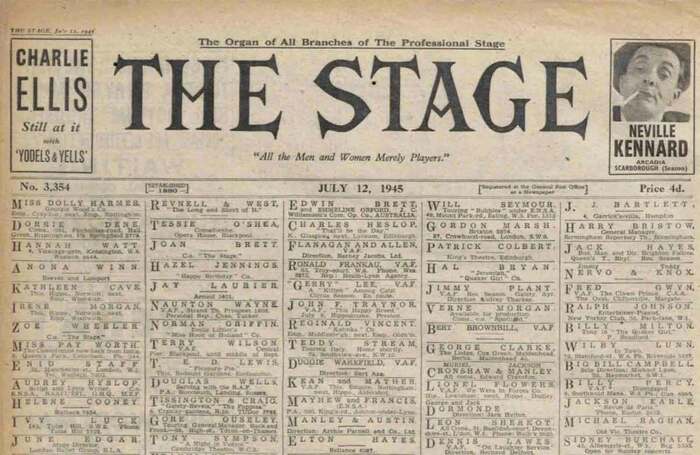 Front page of The Stage 75 years ago