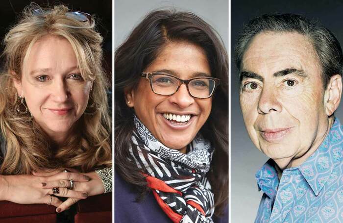 Sonia Friedman, Indhu Rubasungham and Andrew Lloyd Webber. Photos: Jason Alden/Mark Douet/John Swannell