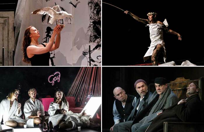 Top row: The Seagull, Belarus Free Theatre. Photos: Ken Reynolds. Bottom row: 55 Shades of Gay, Smile Upon Us, Lord. Photos: Jetmir Idrizi/Miasikov Valery