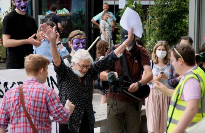 Vanessa Redgrave protesting outside the National Theatre on August 1. Photo: Julian Bruton