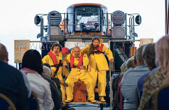  In at the Deep End in front of Scarborough’s Shannon Lifeboat, performed by Mikron Theatre and represented by Duncan Clarke. Photo: Peter Poyd