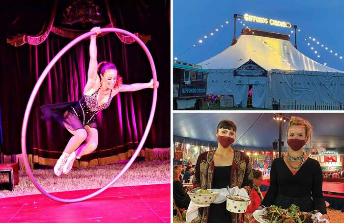 Clockwise from left: Lil Rice on the Cyr Wheel (photo: Andrew Rees); Giffords Circus big top, where audiences are served a three-course meal during the show (photos: Emma Bradshaw)