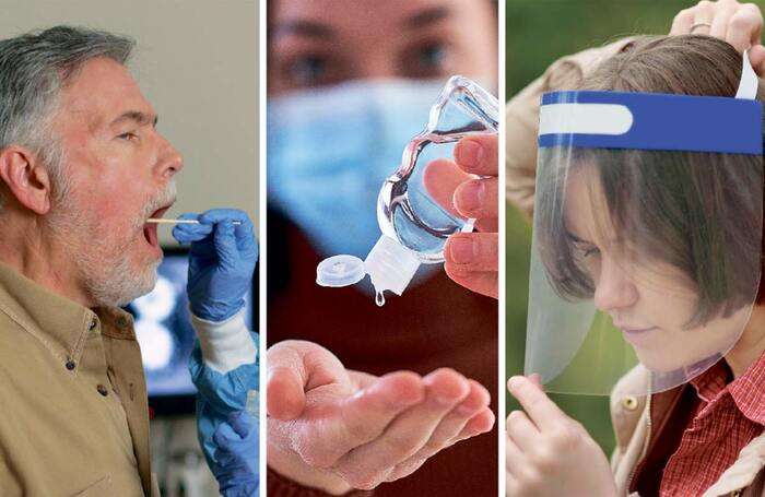 Testing, hand gel and face shields may help theatreworkers feel more confident about going back to work. Photos: Shutterstock