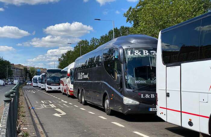 Coaches at the Honk for Hope demonstration on the A40 in London on July 20, 2020. Photo: Shutterstock