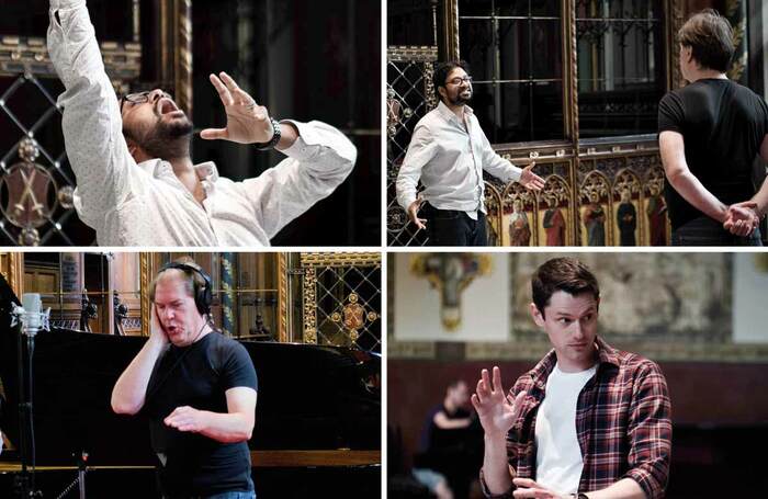 Ulster Touring Opera recording Don Giovanni: Ross Ramgobin (top left and right), Alan Ewing (bottom left) and Dafydd Hall Williams (bottom right)  