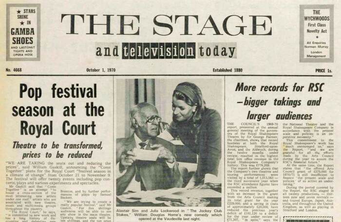 The front page of The Stage on October 1, 1970