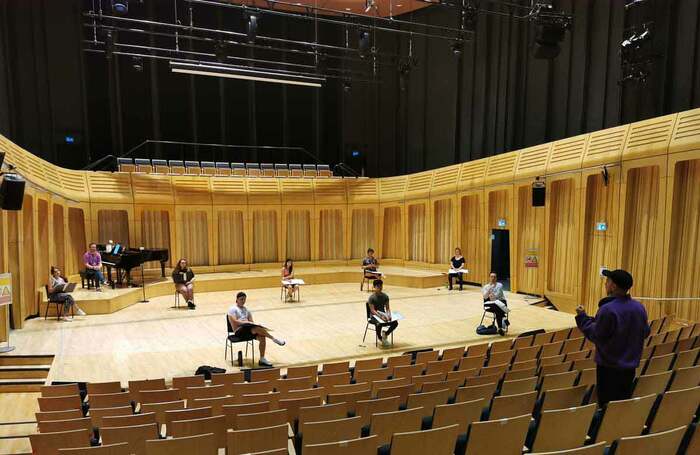 Socially distanced rehearsal at the Royal Welsh College of Music and Drama – currently all in-person classes and rehearsals are suspended. Photo: RWCMD
