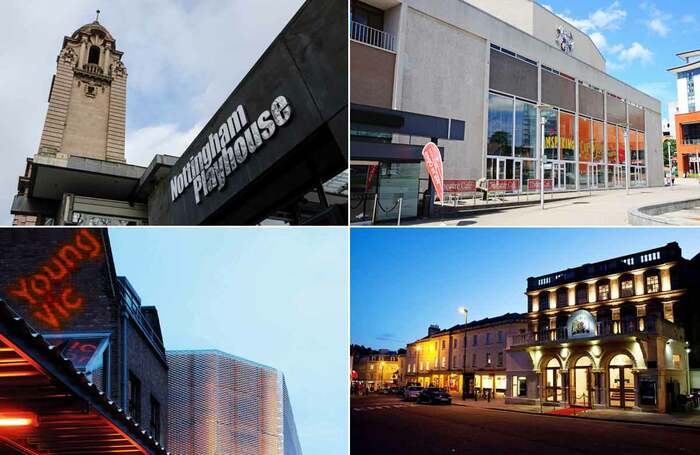 Clockwise from top left: Nottingham Playhouse, Belgrade Theatre, Theatre Royal Bath and the Young Vic have all been awarded grants in excess of £789,011. Photos: Shutterstock/Philip Vile/Freia Turland