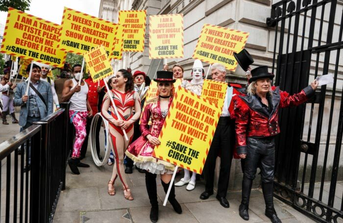Circus members taking part in a protest in London in July. Photo: Jeff Moore
