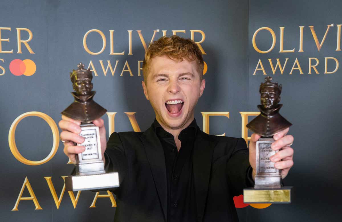 Best actor in a musical winner Sam Tutty, with another of the three Oliviers won by Dear Evan Hansen. Photo: Aemelia Taylor