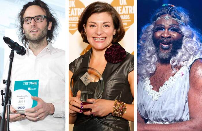 L-r: Ben Todd winning The Stage sustainability award in 2018 (photo: Eliza Power); Polly Lister (photo: Pamela Raith); George Ikediashi as Le Gateau Chocolat (photo: Helen Murray)