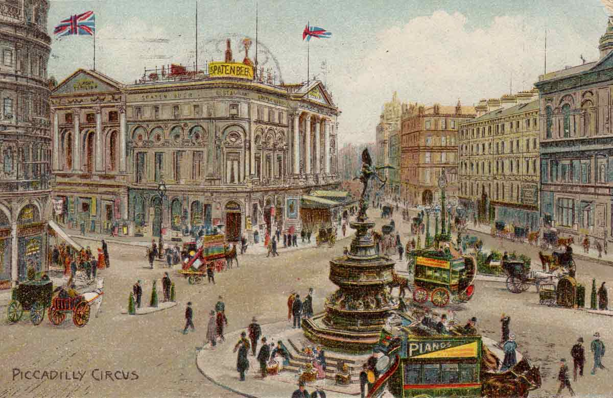 Image from a postcard of Piccadilly Circus around 1900, from Rohan McWilliam’s collection