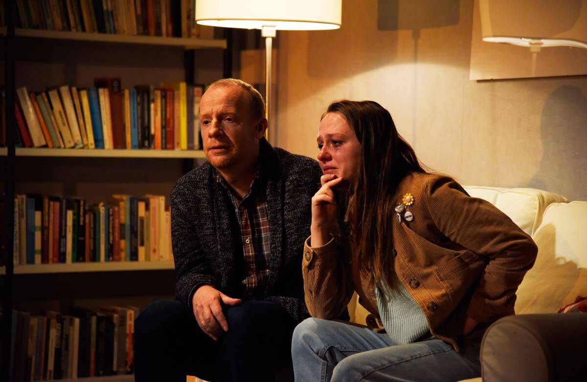 Jonathan Slinger and Rosie Sheehy in Oleanna at Theatre Royal Bath. Photo: Nobby Clark