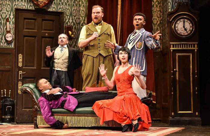 The company of The Play That Goes Wrong at the Duchess Theatre, London. Photo: Robert Day