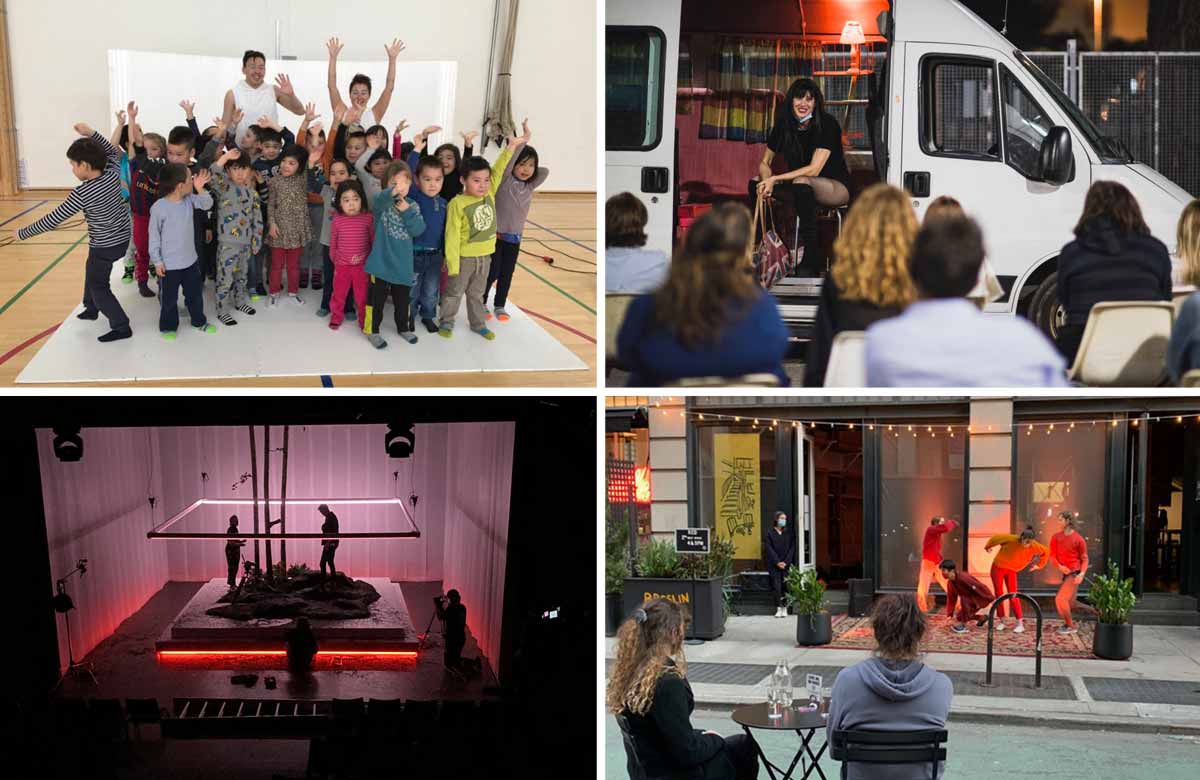 Clockwise from top left: children's theatre screening in Qaqortoq, Greenland; Medea a Corato, Italy; Street performance in New York, US; speakers on empty seats for NUL, Sweden  