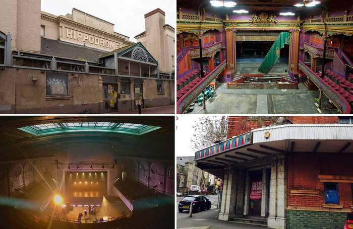 Clockwise from top left: Brighton Hippodrome (Ian Grundy), Hulme Hippodrome (Ian Grundy), Derby Hippodrome (Theatres Trust) and Leith Theatre (Leith)