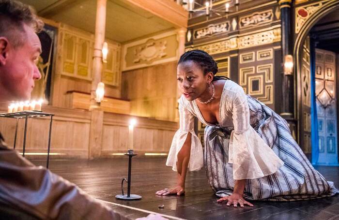 Jamie Ballard and Mercy Ojelade in The White Devil, which opened at the Sam Wanamaker Playhouse on February 1, 2017. Photo: Tristram Kenton