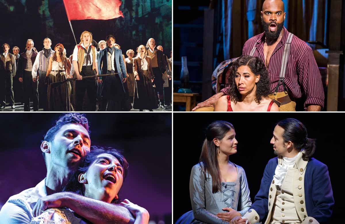 Songs from Les Misérables, Porgy and Bess, West Side Story and Hamilton all featured in the top 20. Photos: Tristram Kenton/Richard Davenport/Joan Marcus