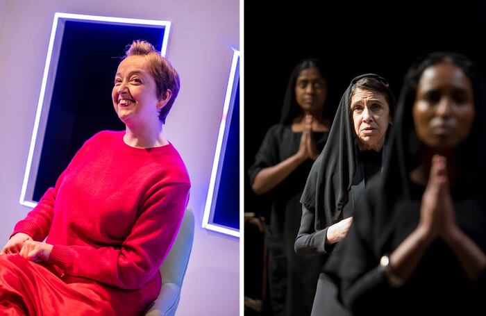 Athena Stevens in Scrounger at the Finborough Theatre in January 2020 (photo: Tristram Kenton) and Nadia Nadarajah, Kathryn Hunter and Hermon Berhane in The House of Bernarda Alba at Manchester's Royal Exchange in 2017 (photo: Jonathan Keenan)