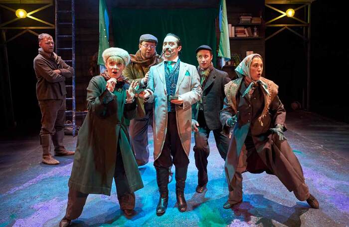 David Thaxton, Vicki Lee Taylor, Ryan Pidgen, Marc Pickering, Tom Bales and Kayleigh Thadani in The Sorcerer's Apprentice at Southwark Playhouse. Photo: Geraint Lewis