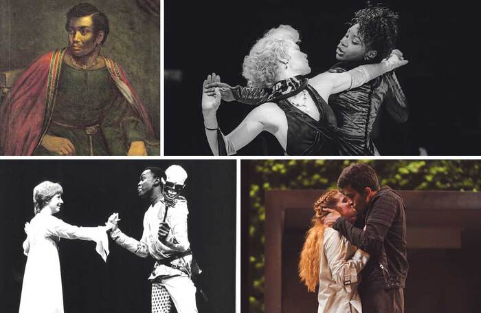 Clockwise from top left: Ira Aldridge, the RSC’s production of The Two Gentlemen of Verona in 1991 (Tristram Kenton), the RSC’s 2018 production of Romeo and Juliet (Topher Mcgrillis), Romeo and Juliet at the Young Vic, London in 1982 (Christopher Pearce)