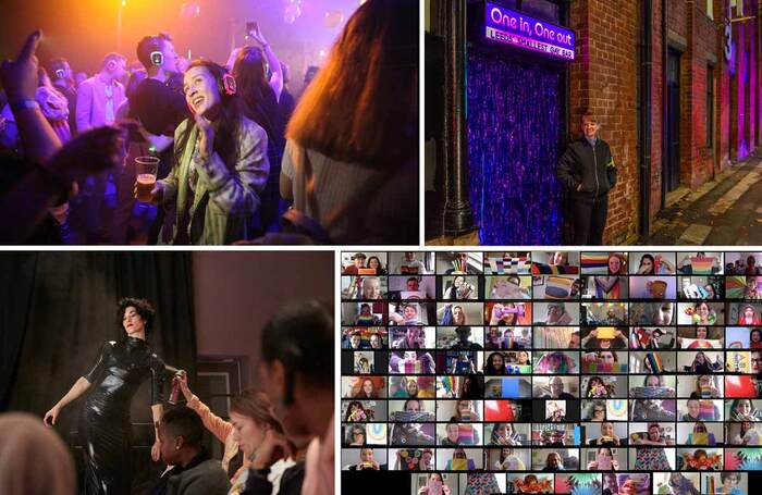 Clockwise from top left: London's Vault Festival pre-Covid; Leeds' Smallest Gay Bar at Compass Festival (photo: Lizzie Coombes); North East Culture Social at GIFT; and Alexandra Bachzetsis at Birmingham's Fierce Festival