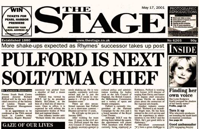 Detail from The Stage front page of May 17, 2001