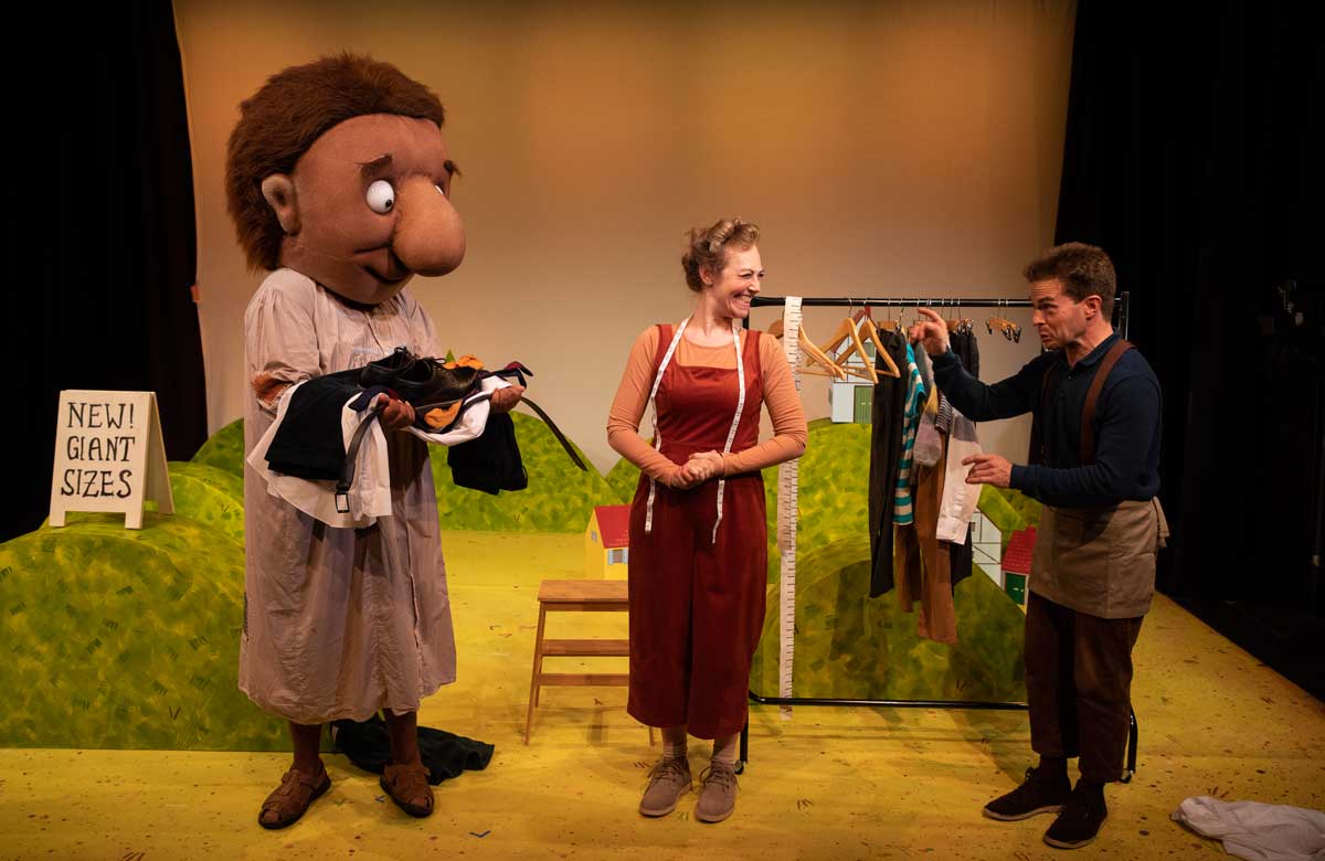 Duane Gooden, Lizzie Wort and Gilbert Taylor in The Smartest Giant in Town at Little Angel Theatre. Photo: Ellie Kurttz