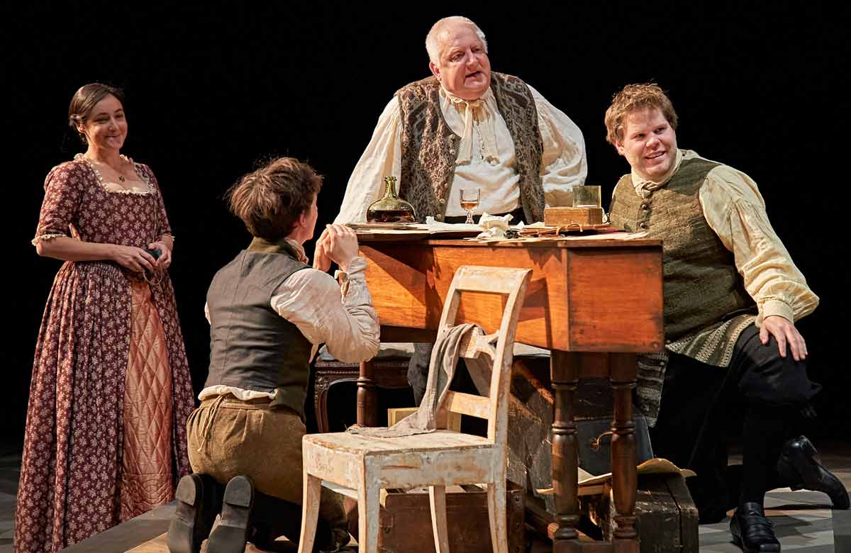 Pandora Colin, Samuel Blenkin, Simon Russell Beale and Douggie McMeekin in Bach and Sons at the Bridge Theatre. Photo: Manuel Harlan