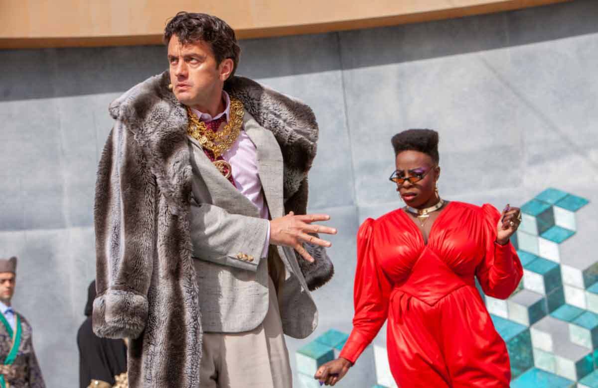 Guy Lewis and Toyin Adeyun-Alase in The Comedy of Errors at the Lydia and Manfred Gorvy Garden Theatre, Stratford-upon-Avon. Photo: Pete Le May