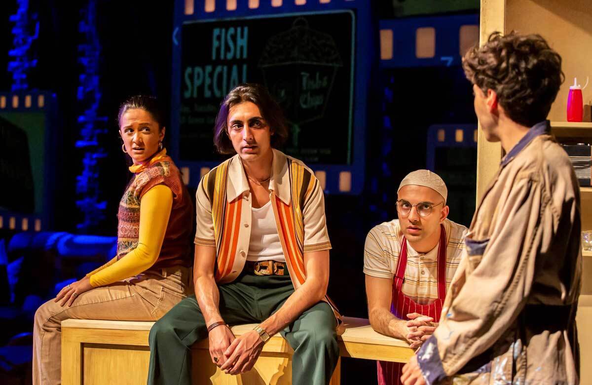 Amy-Leigh Hickman, Gurjeet Singh, Joeravar Sangha and Adonis Jenieco in East Is East at Birmingham Rep. Photo: Pamela Raith