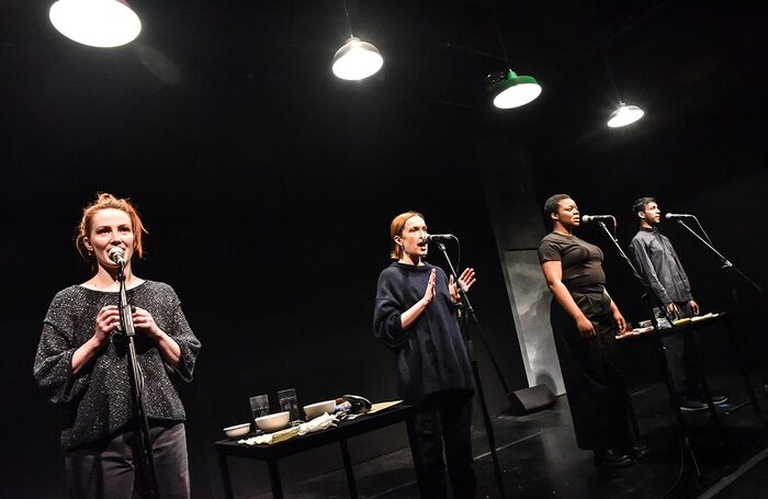 Eve Ponsonby, Eleanor Henderson, Morónkẹ́ Akinọlá and Ragevan Vasan in little scratch at Hampstead Theatre. Photo: Robert Day
