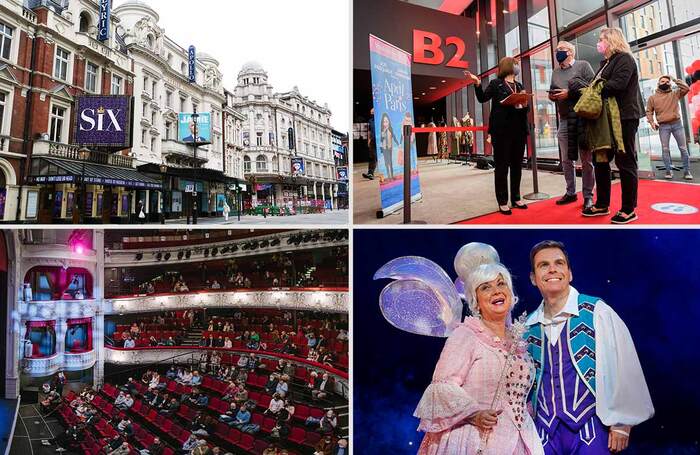 Clockwise from top left: West End theatres, October 2020; audience arrives at Coventry's Belgrade Theatre, May 2021; Cinderella at Glasgow’s King’s Theatre, December 2021; York Theatre Royal, May 2021. Photos: Josh Bird/Douglas Robertson/Tom Arber